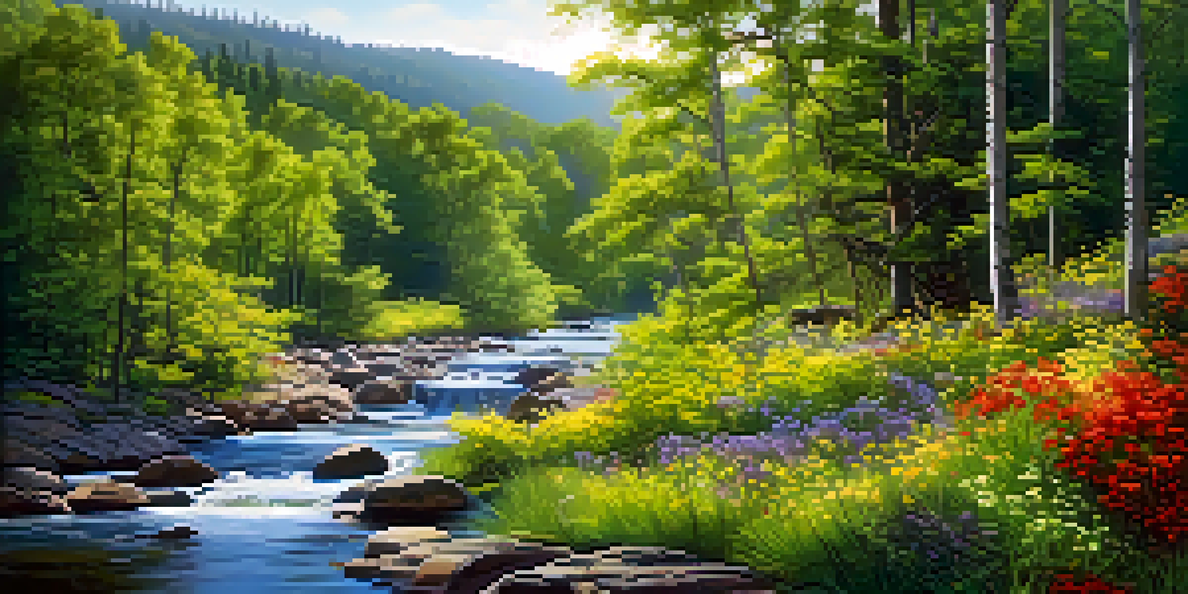 A peaceful forest scene with a winding river, colorful wildflowers, and sunlight filtering through the trees.