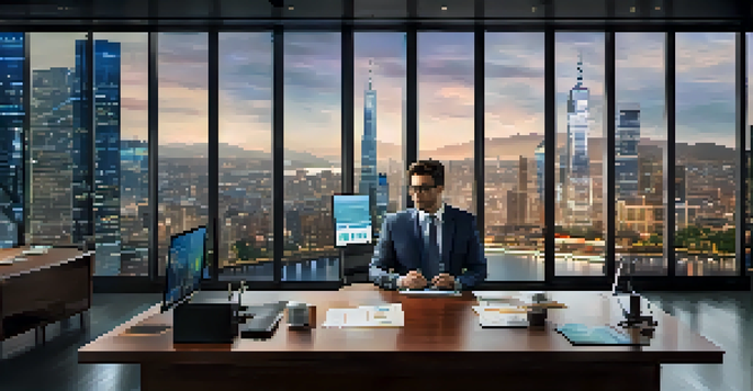 A fund manager working at a desk with multiple screens displaying market trends, surrounded by modern decor and a city skyline view.
