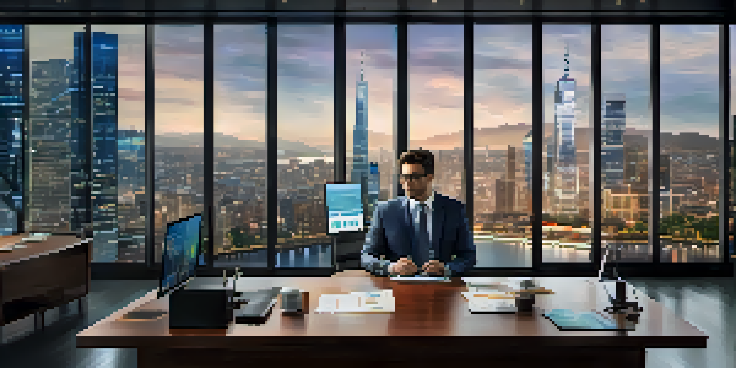 A fund manager working at a desk with multiple screens displaying market trends, surrounded by modern decor and a city skyline view.