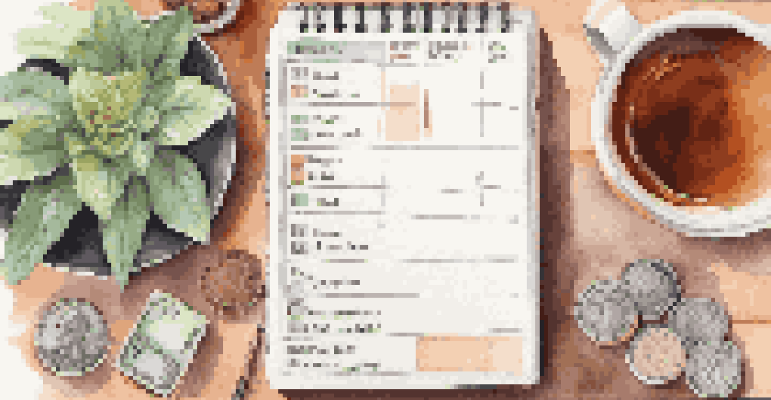 A close-up of an open budget planner on a table, with a calculator, coins, and a cup of tea, in warm lighting.