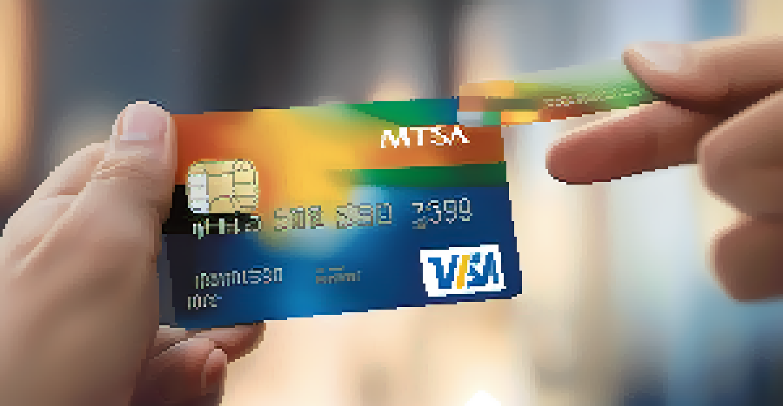 A close-up of a hand holding a credit card and a smartphone displaying a banking app.