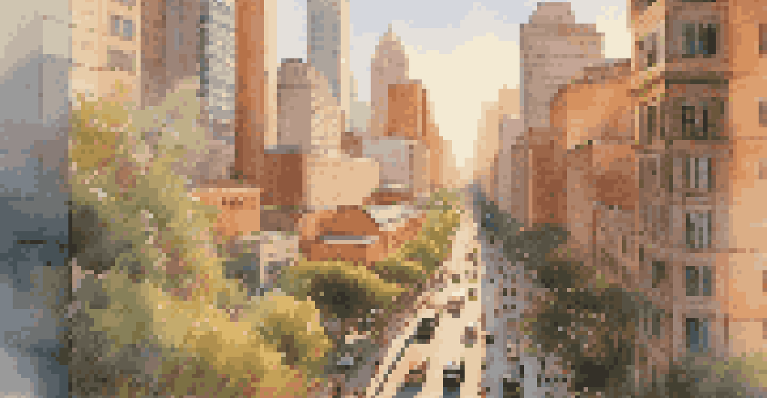 An aerial view of a busy city during golden hour, with skyscrapers and bustling streets illuminated by warm sunlight.