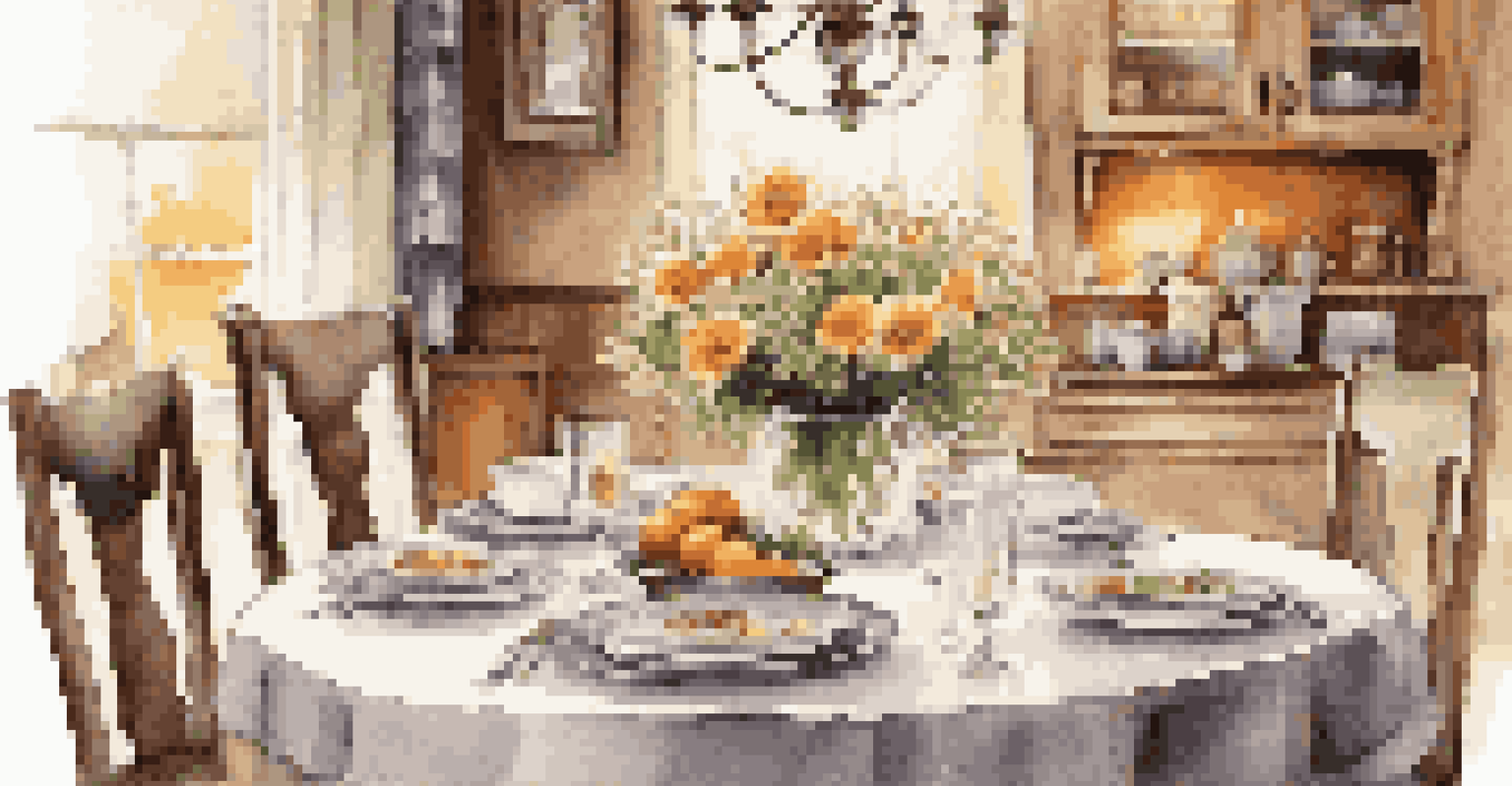 A beautifully set dining table with a white tablecloth, fine china, fresh flowers, and candlelight, creating a warm dining atmosphere.