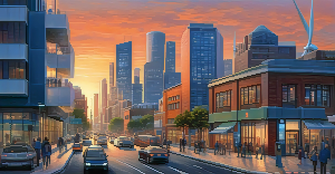 A vibrant city skyline at dusk with modern architecture, solar panels, and wind turbines against a sunset sky.