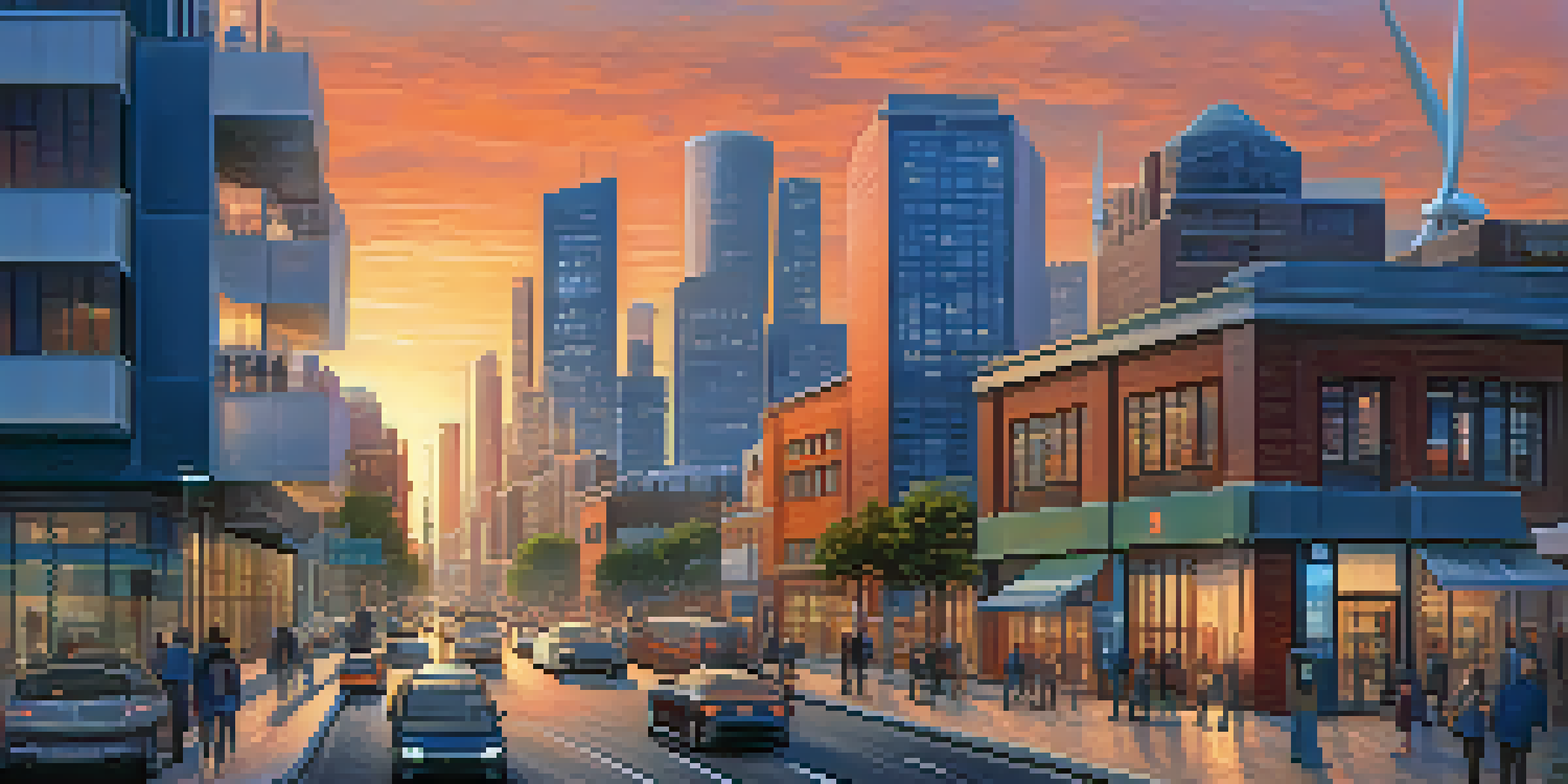 A vibrant city skyline at dusk with modern architecture, solar panels, and wind turbines against a sunset sky.