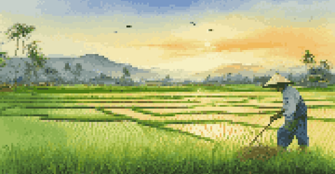 A farmer applying organic fertilizers in a lush green rice paddy field at sunrise, with distant hills in the background.