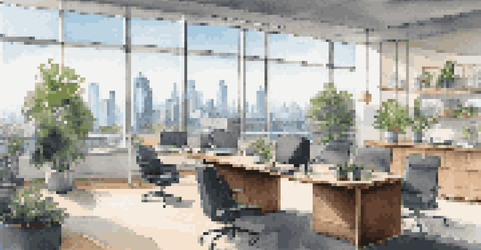 A modern office interior with large windows, wooden furniture, and a view of a city skyline.