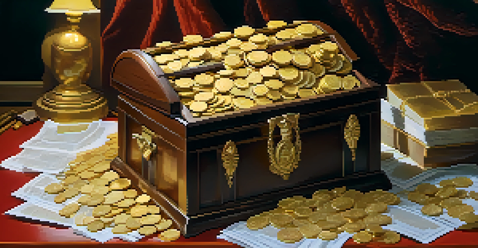 A beautifully crafted treasure chest filled with gold coins and financial documents, symbolizing retirement savings in warm light.
