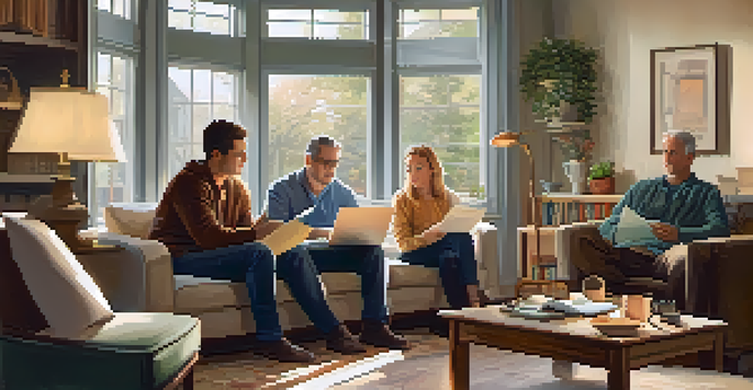 A family and a financial advisor discussing financial planning in a cozy living room, with warm sunlight streaming through the window.
