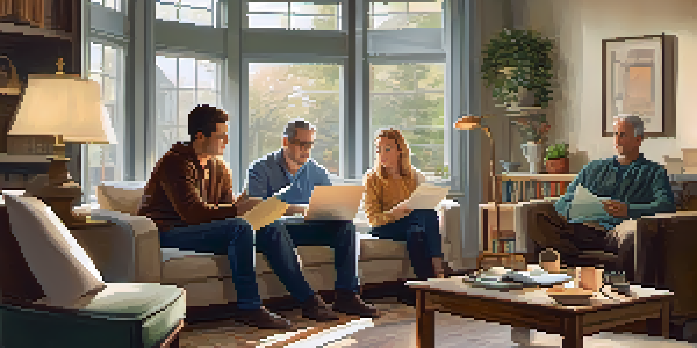 A family and a financial advisor discussing financial planning in a cozy living room, with warm sunlight streaming through the window.