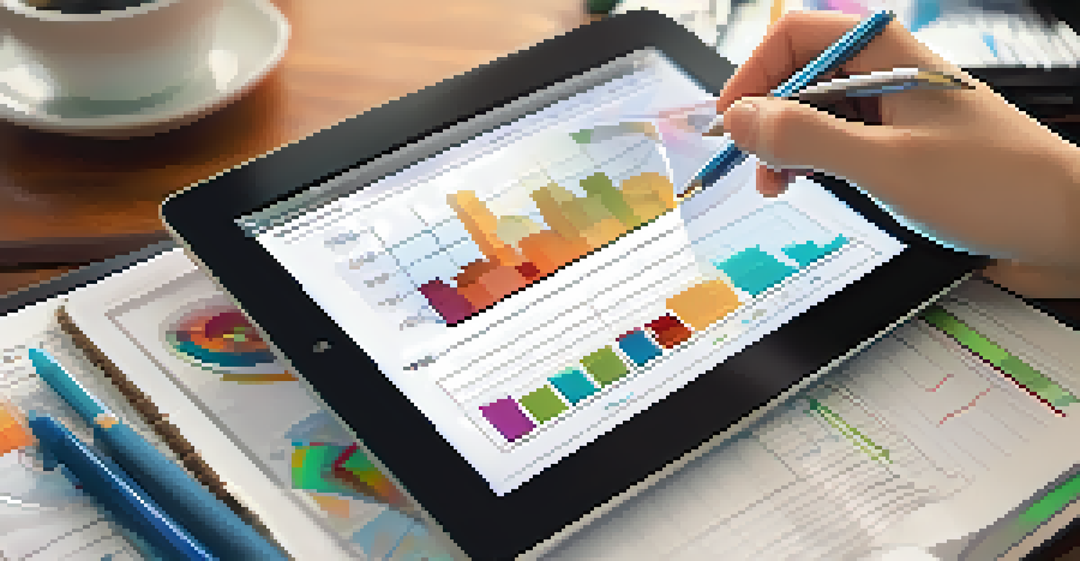 Close-up of a hand holding a tablet displaying data analytics with colorful graphs, set on an office desk.