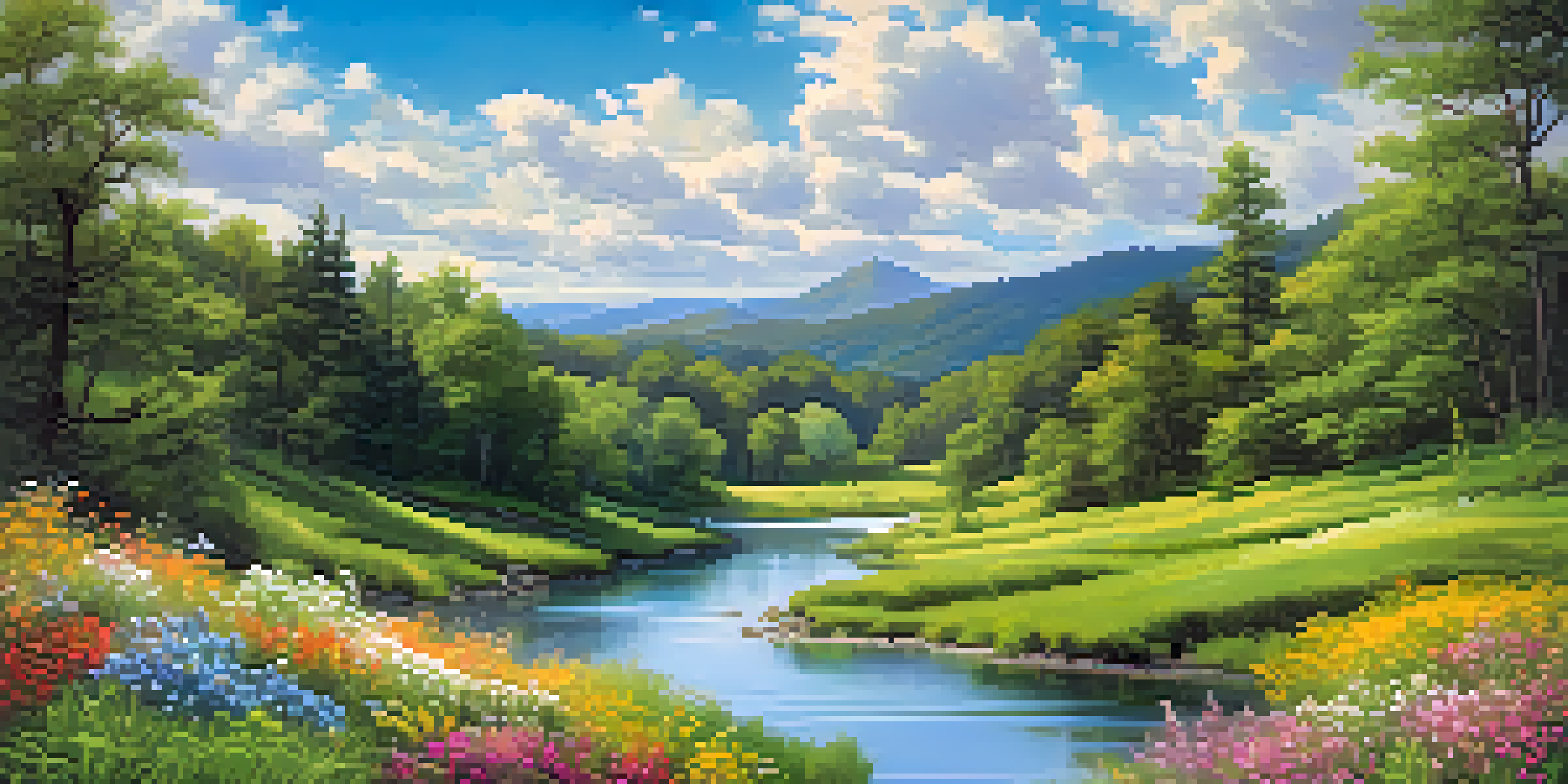 A peaceful river flowing through green hills with colorful wildflowers in the foreground under a blue sky.