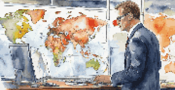 A businessman analyzing international market trends in a modern office with a world map in the background.