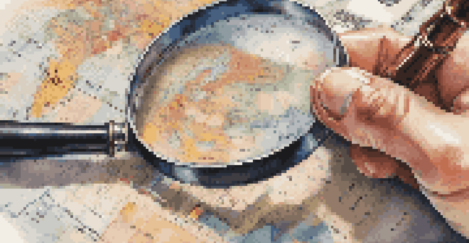 A hand holding a magnifying glass over an international financial statement with currencies and figures, with a blurred globe map in the background.