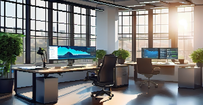 A bright modern office workspace with a computer setup showing financial graphs, natural light, and indoor plants.