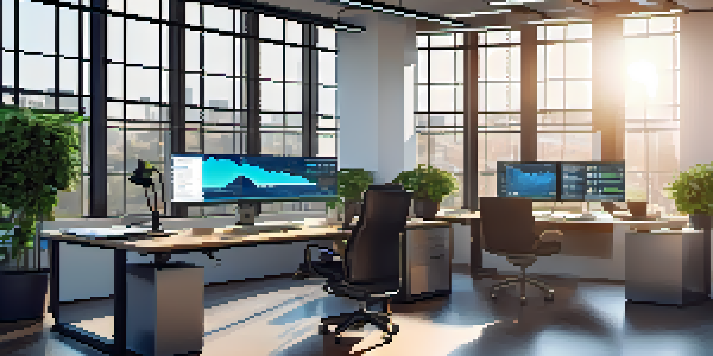 A bright modern office workspace with a computer setup showing financial graphs, natural light, and indoor plants.