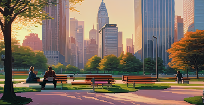 A financial district at sunrise, featuring modern skyscrapers and a serene park in the foreground.