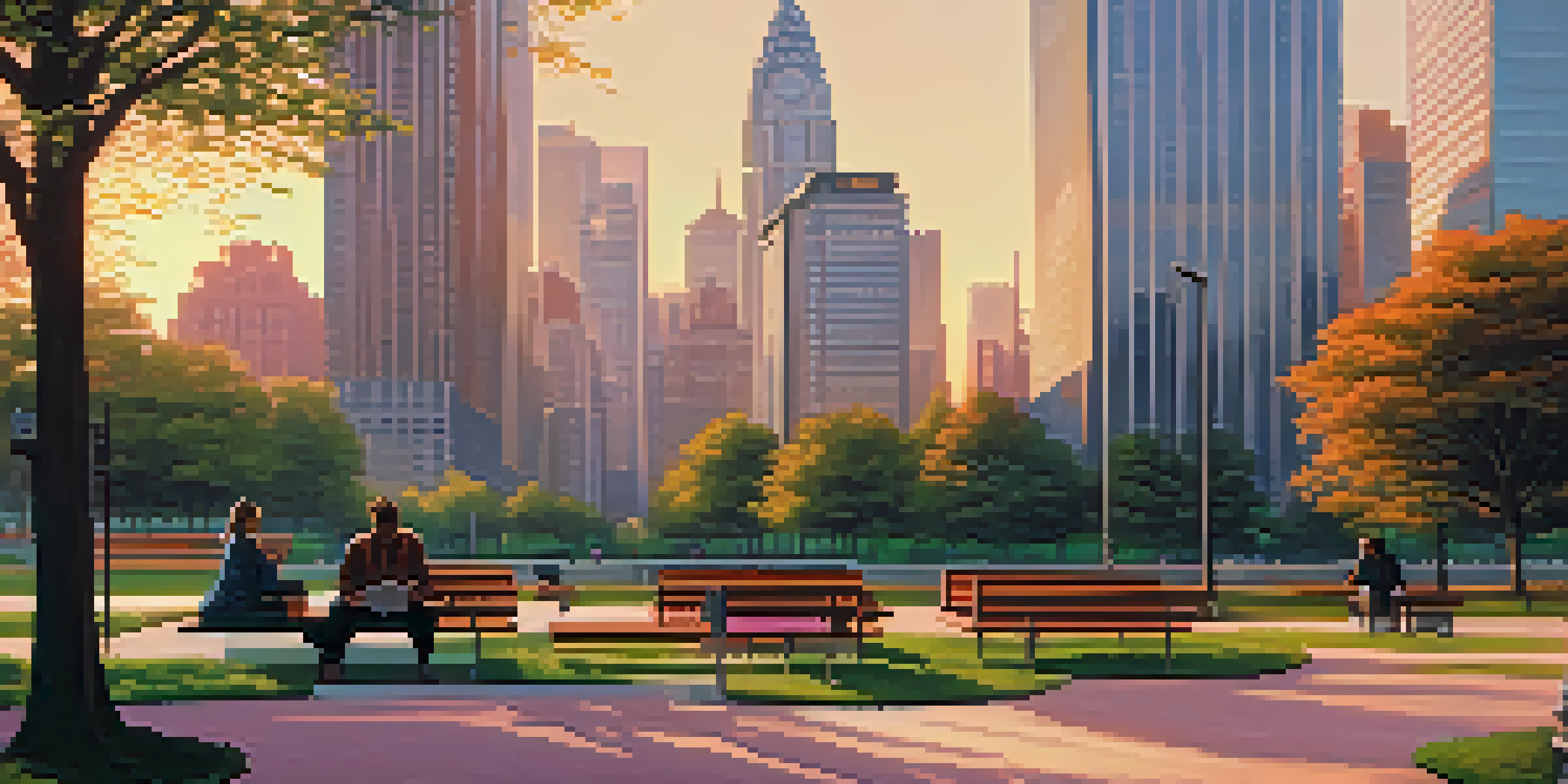 A financial district at sunrise, featuring modern skyscrapers and a serene park in the foreground.