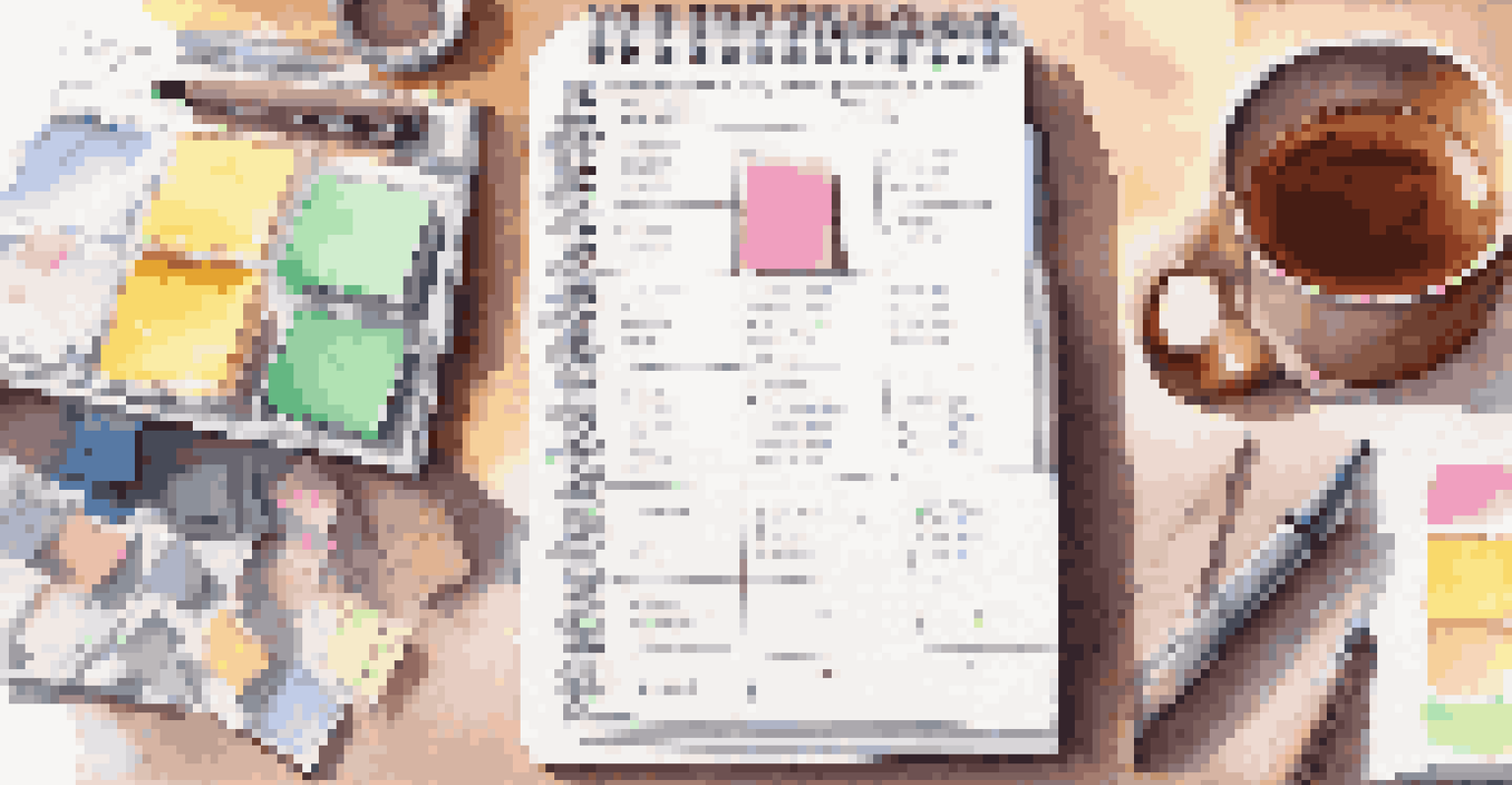 A budget planner with sticky notes and a calculator on a table, alongside a cup of tea, all in a bright setting.