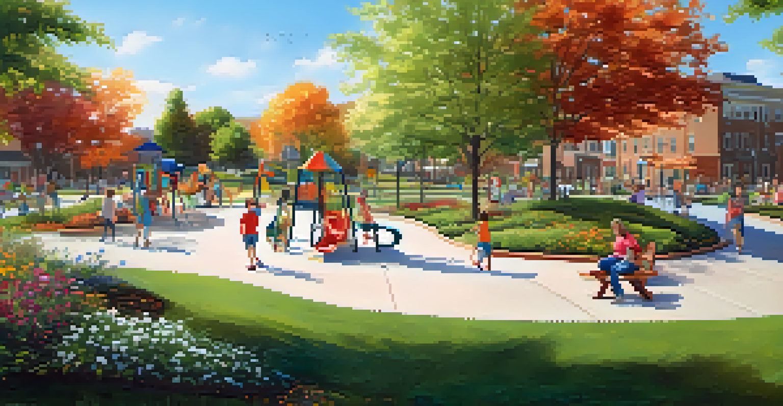 A community park filled with families enjoying the revitalized space featuring playgrounds and greenery.