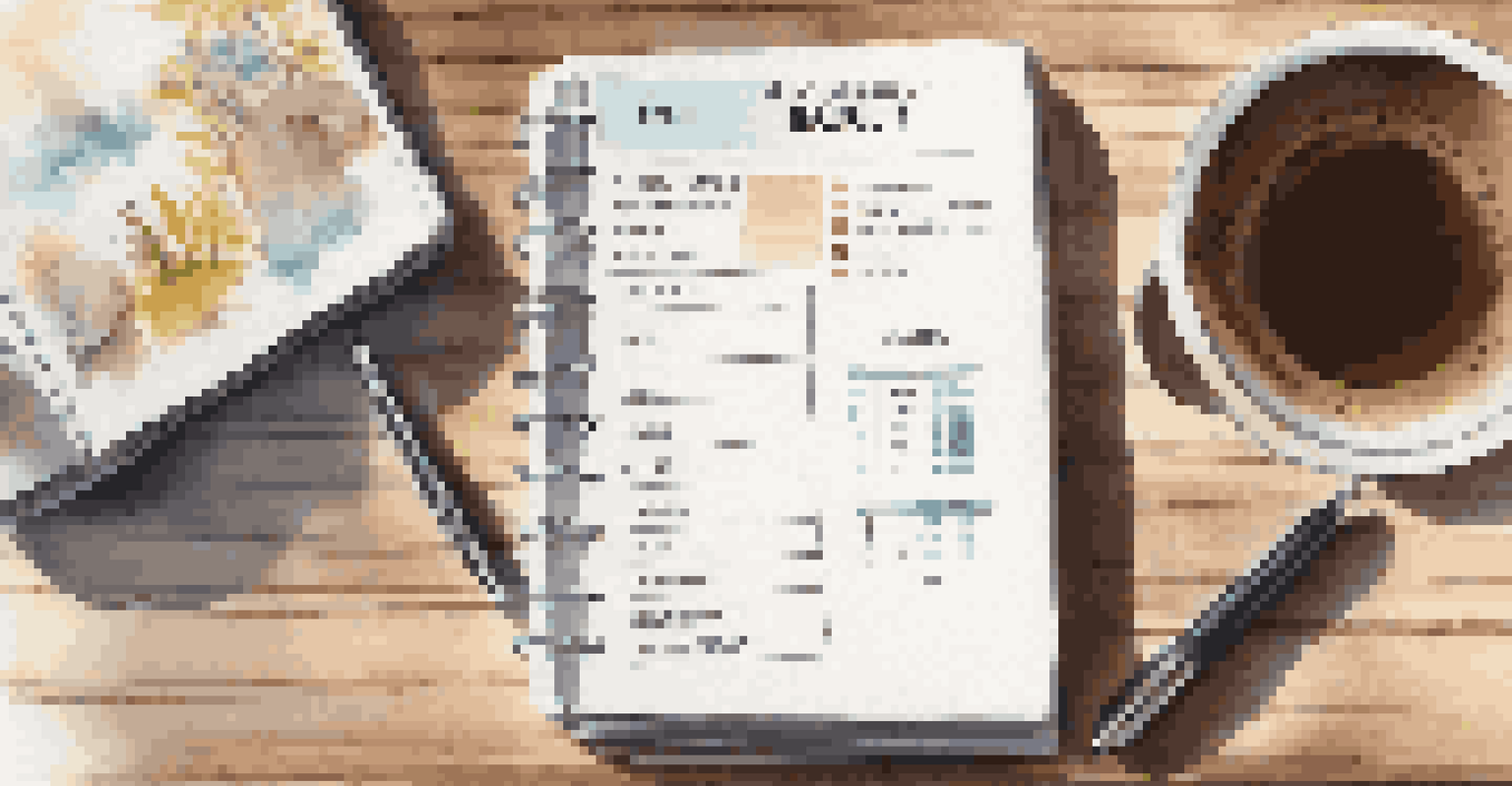 A close-up of an open budget planner on a wooden table with a cup of coffee, showing savings goals and expenses, illuminated by natural light.