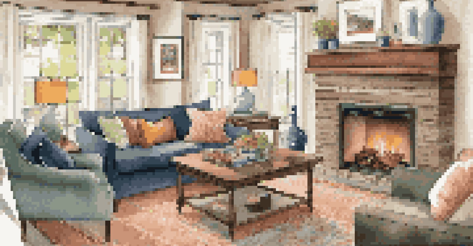 A warm and cozy living room with a fireplace, comfortable sofa, and natural light streaming through large windows.