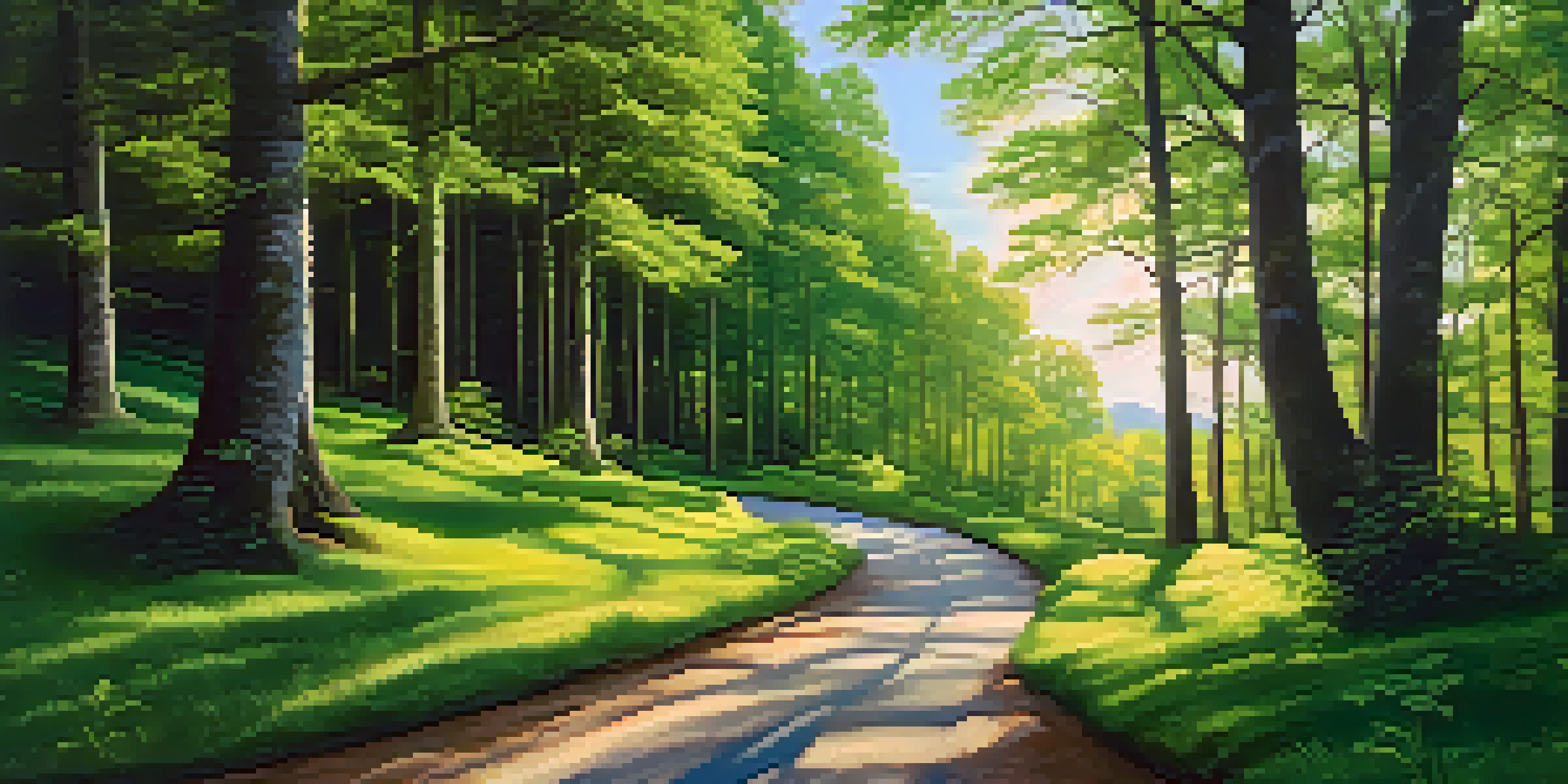 A winding road through a lush green forest with sunlight filtering through the trees, symbolizing a journey of financial investment.
