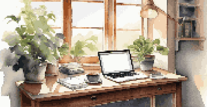 A clean and organized workspace with a laptop, notepad, and coffee cup, illuminated by sunlight.