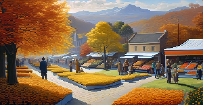 A landscape showing the four phases of a market cycle: expansion with blooming trees and sunshine, peak with golden fields, contraction with autumn leaves and clouds, and a trough with winter snow.