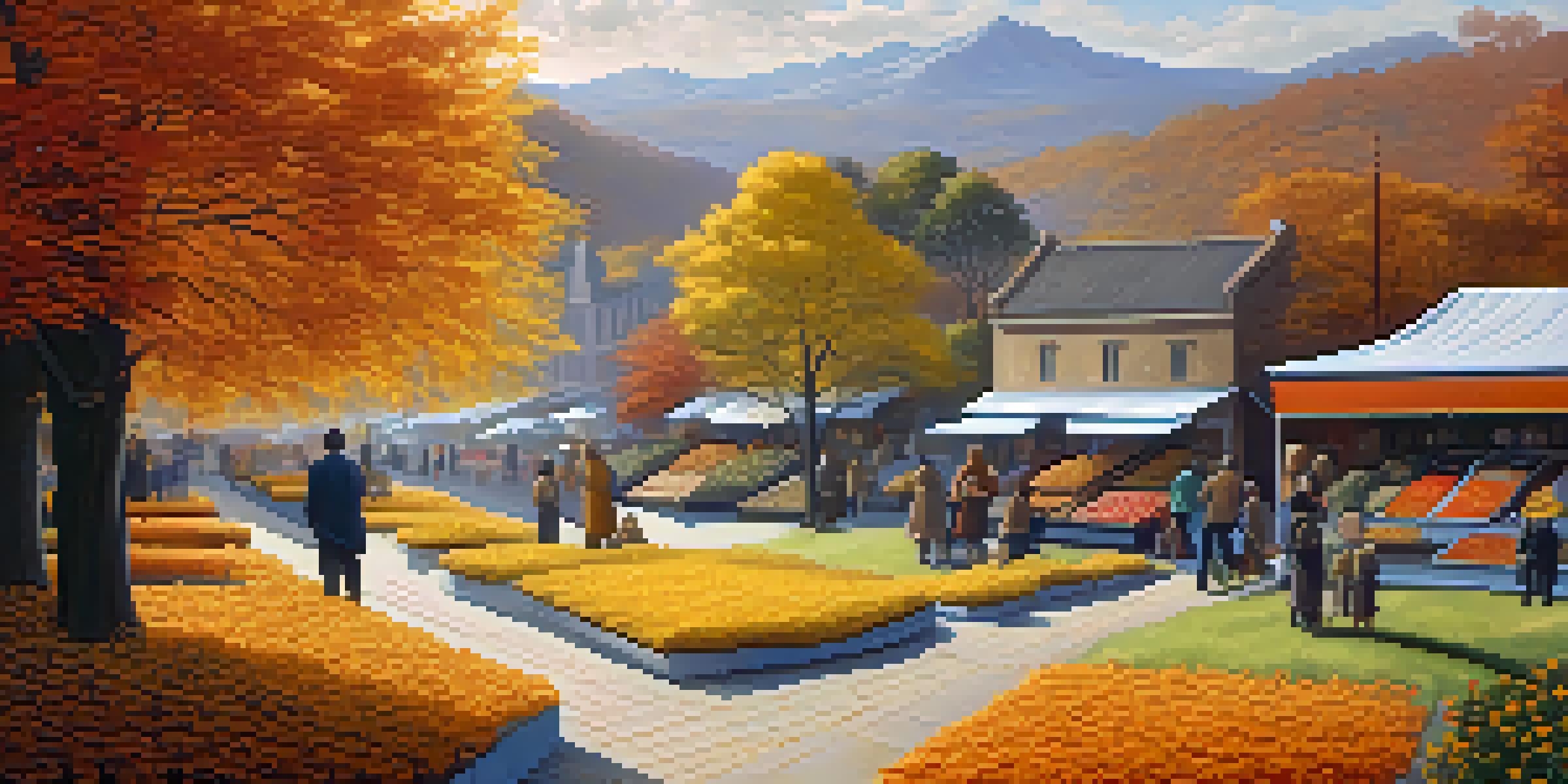 A landscape showing the four phases of a market cycle: expansion with blooming trees and sunshine, peak with golden fields, contraction with autumn leaves and clouds, and a trough with winter snow.