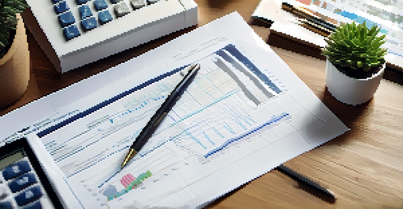 A financial document featuring graphs and charts on a wooden desk, accompanied by a pen and a small potted plant.
