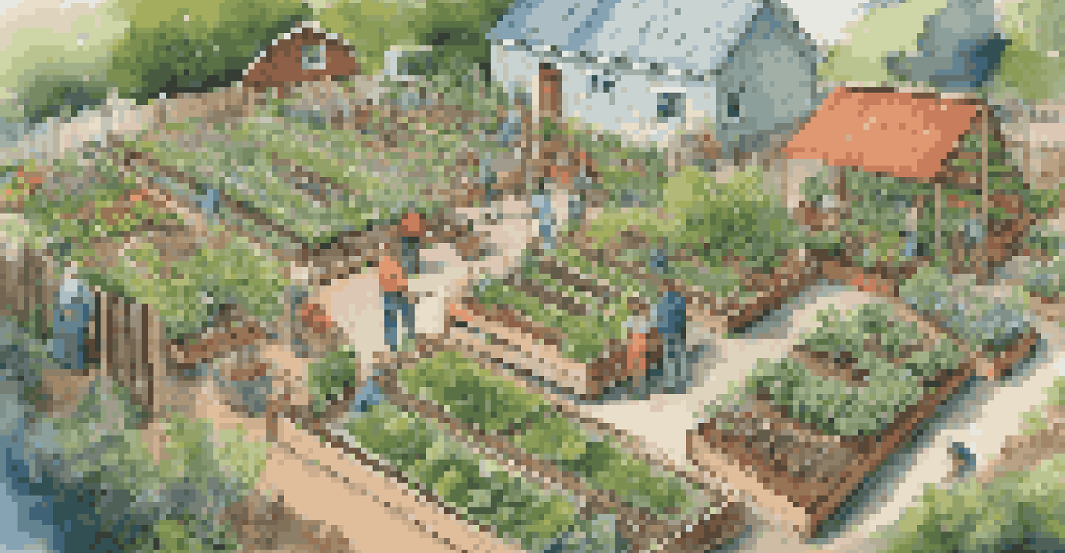 A community garden filled with people planting and harvesting vegetables, surrounded by lush greenery and colorful flowers under a clear blue sky.