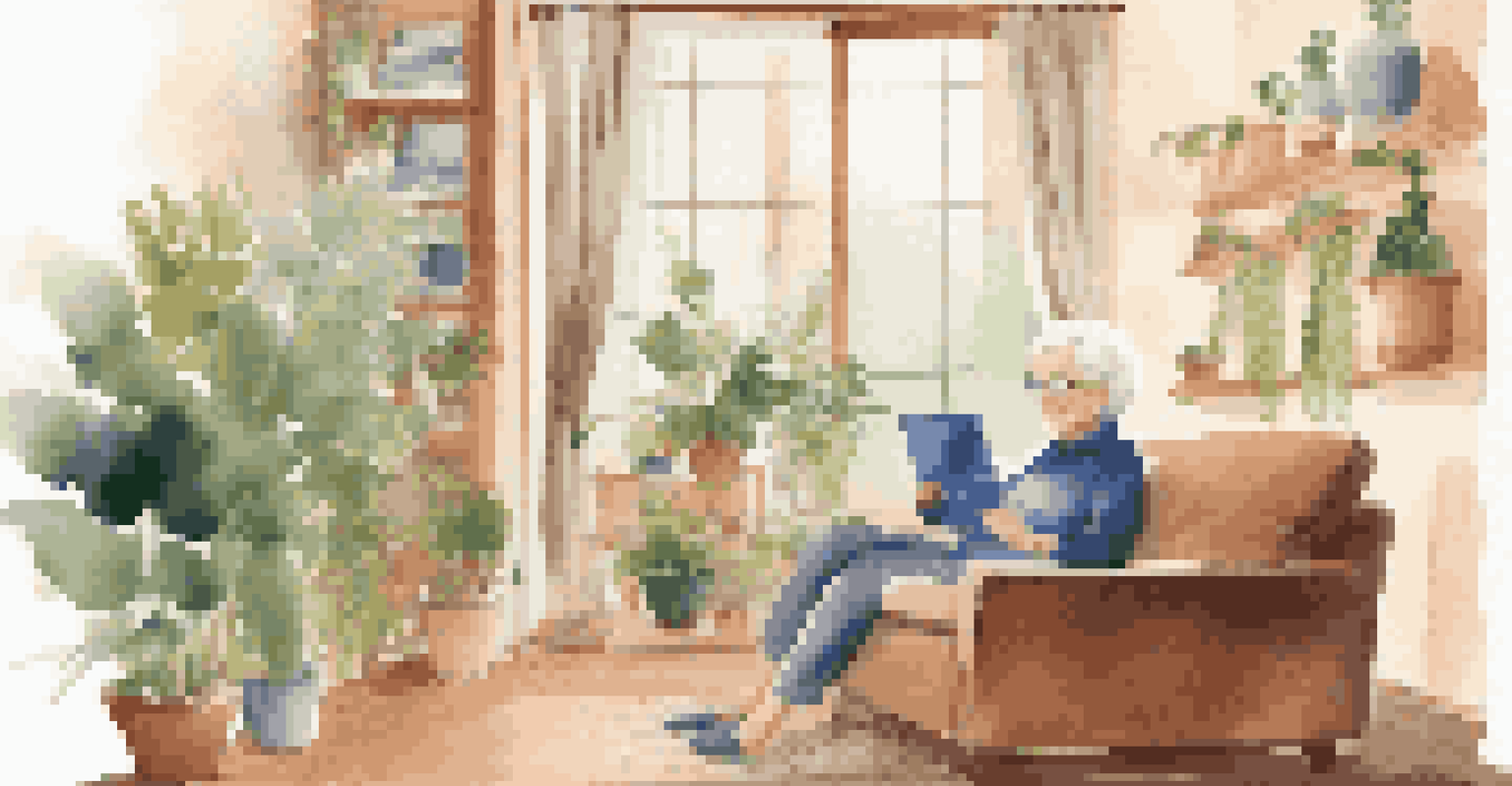 An elderly person engaging in a telehealth consultation on a tablet in a cozy living room filled with plants and family photos.