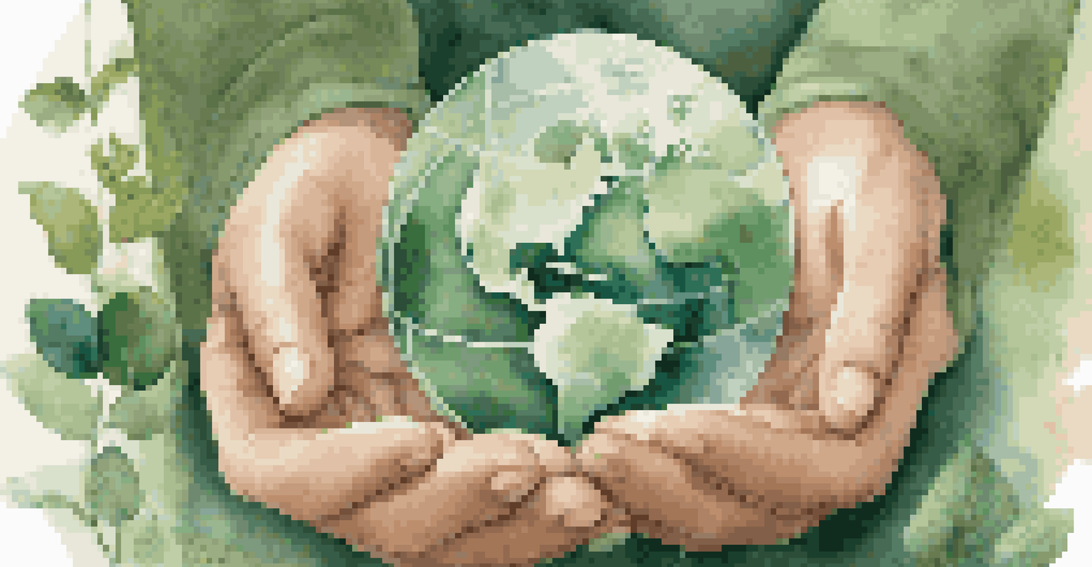 Hands holding a transparent globe with symbols of ESG criteria, surrounded by greenery and a softly blurred background.
