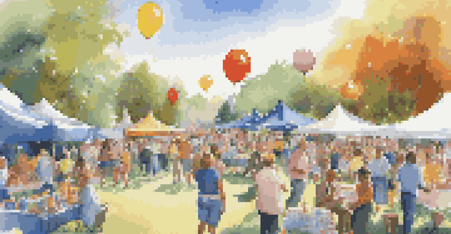 Outdoor fundraising event in a park with booths, attendees engaging in activities, and colorful decorations under a sunny sky.
