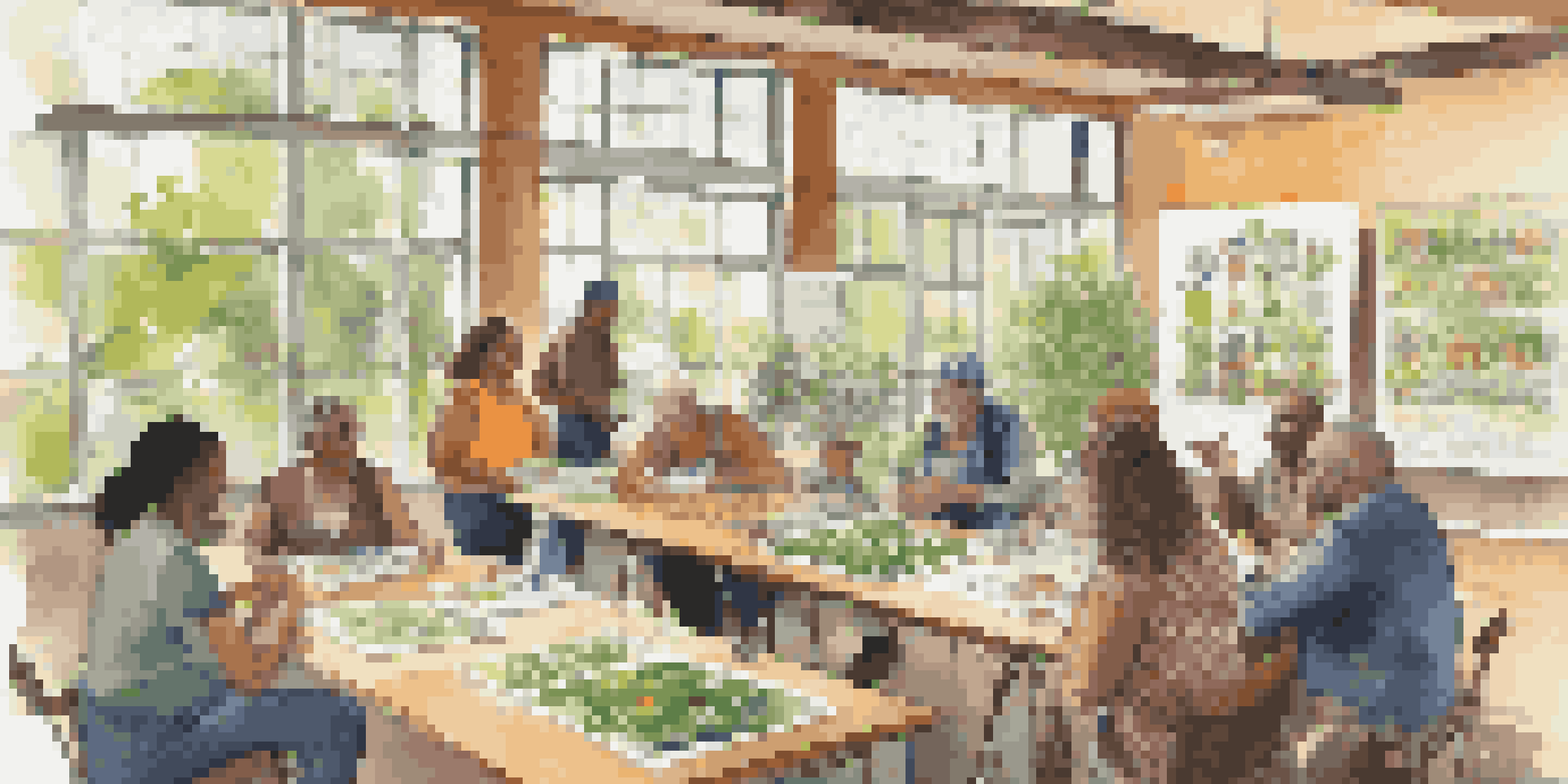 A community workshop with diverse individuals discussing sustainable practices, surrounded by informational materials and plants.
