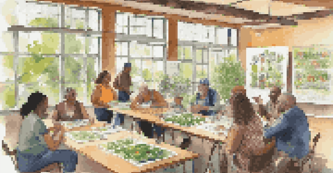 A community workshop with diverse individuals discussing sustainable practices, surrounded by informational materials and plants.