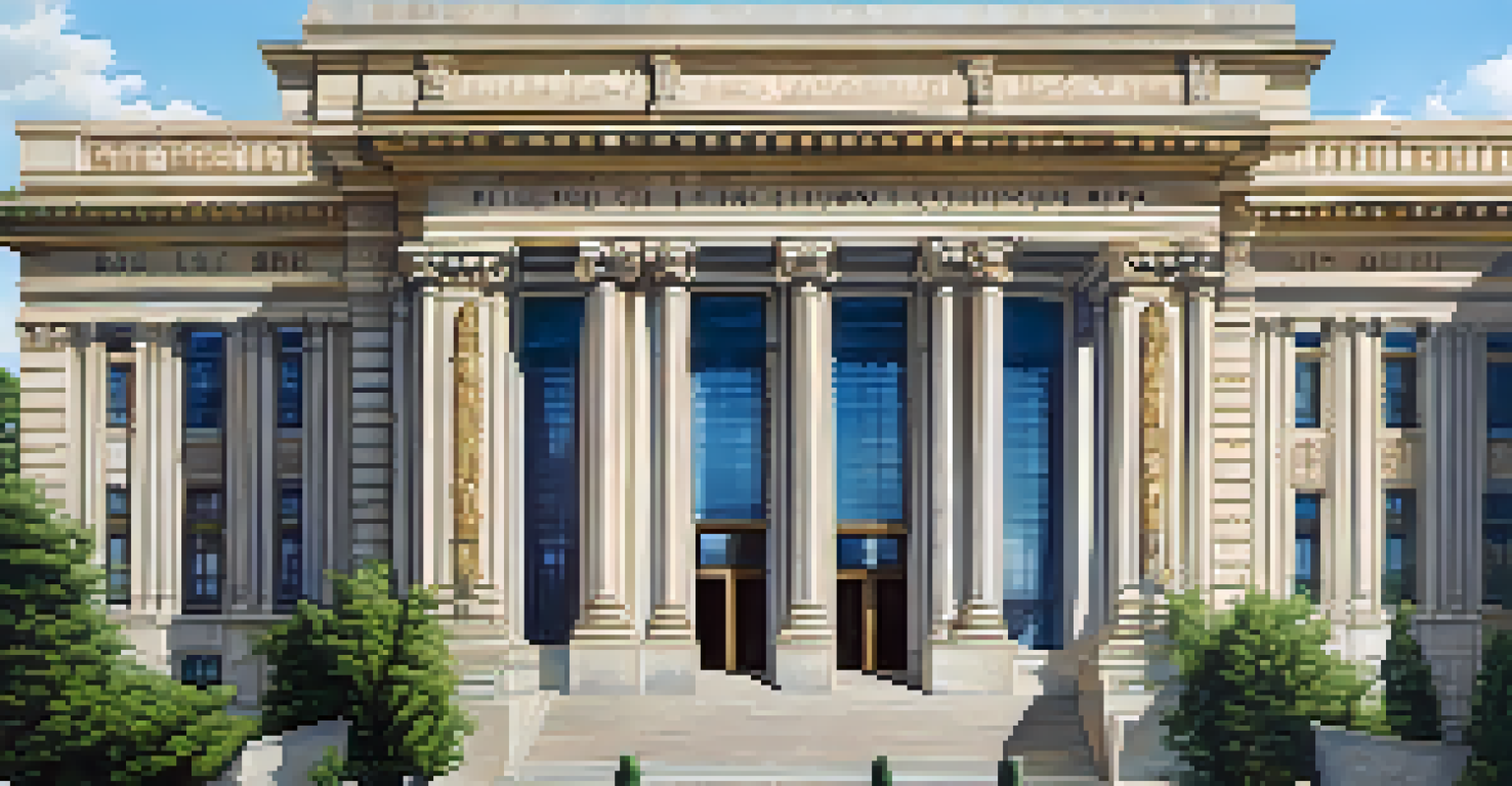 A central bank building with classical architecture surrounded by greenery.