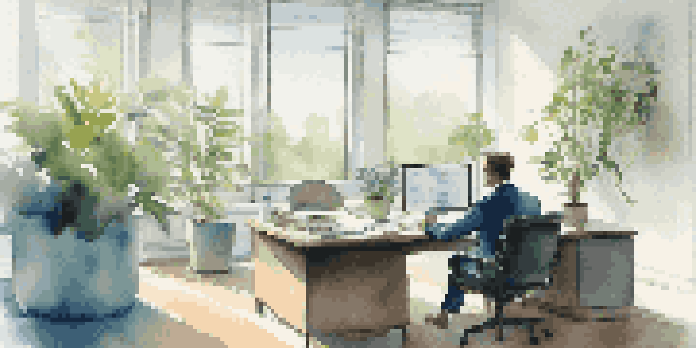 An investment advisor reviewing financial documents in a well-lit office with plants and a laptop.