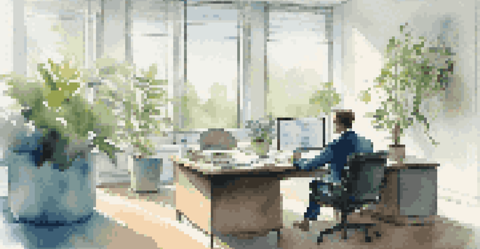 An investment advisor reviewing financial documents in a well-lit office with plants and a laptop.