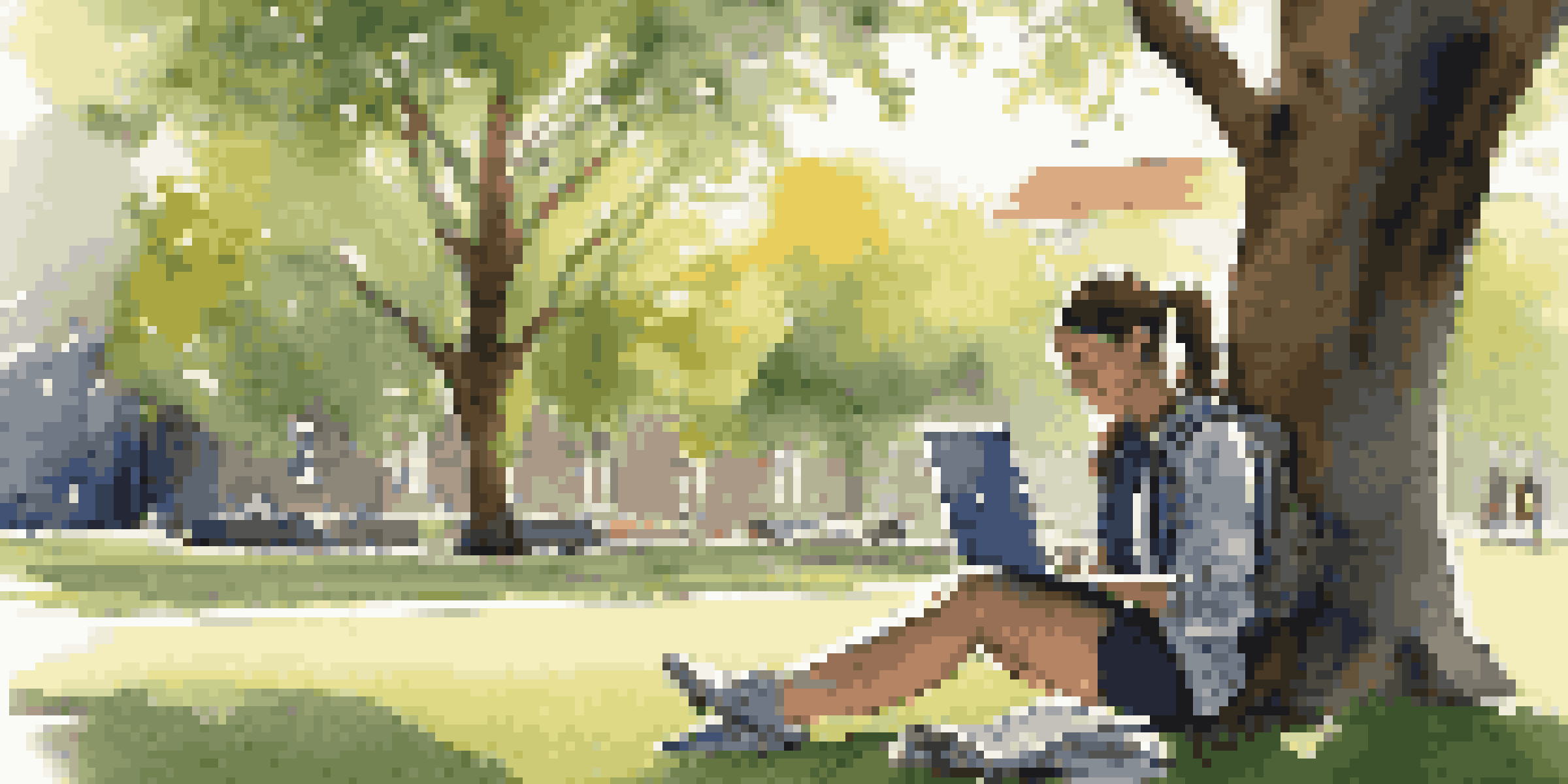 A college student sitting on the grass with a laptop and textbooks, studying in a sunny outdoor setting.