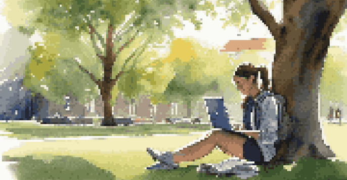 A college student sitting on the grass with a laptop and textbooks, studying in a sunny outdoor setting.