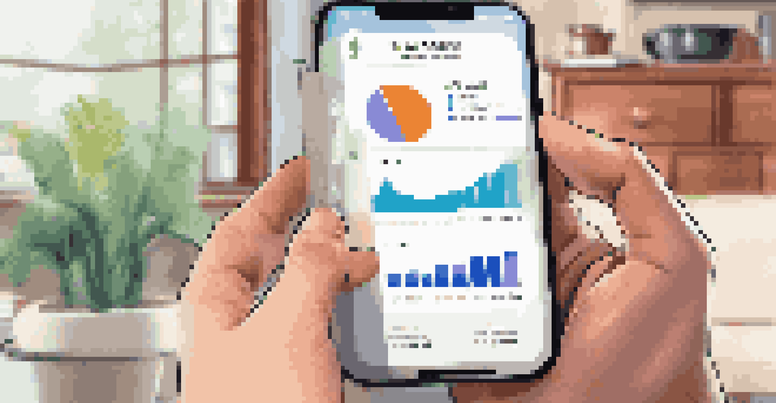 A close-up of a smartphone displaying a financial wellness app with colorful graphs, held in a person's hand, with a cozy home setting in the background.
