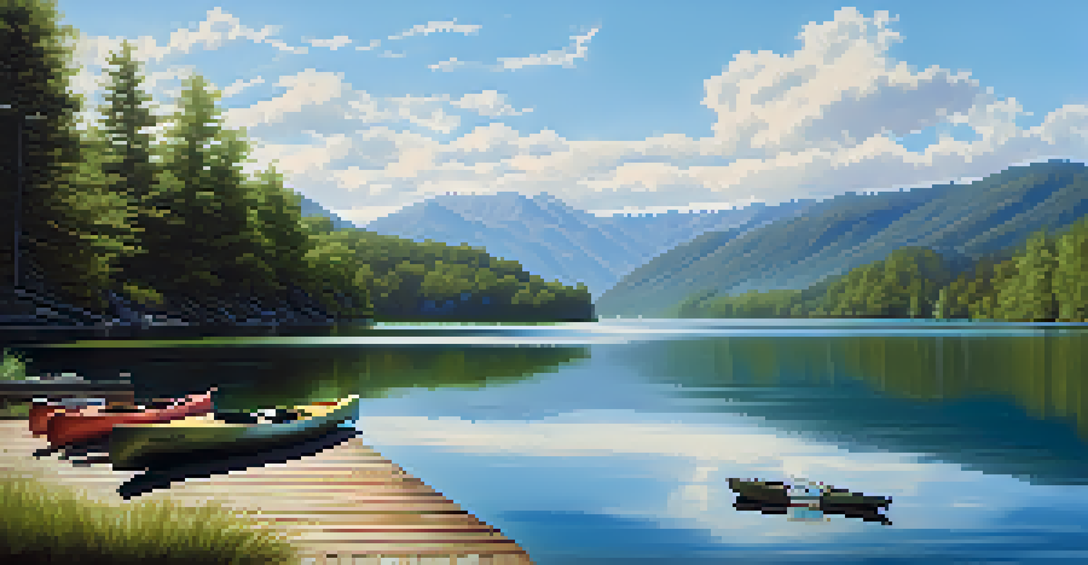 A peaceful scene of a lake bordered by green mountains, featuring a dock and a kayak.