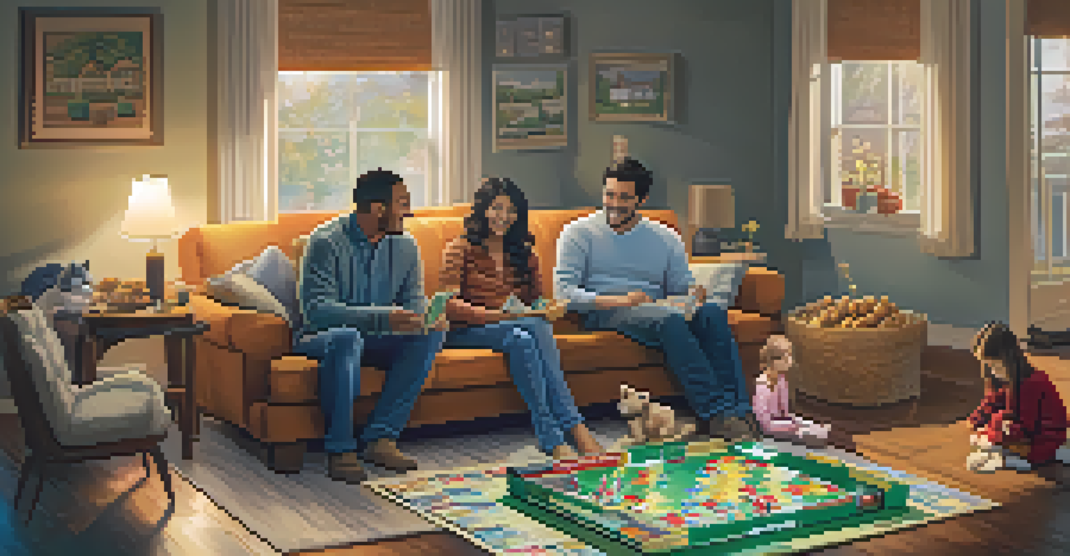 A family enjoying a board game focused on financial literacy in a cozy living room.