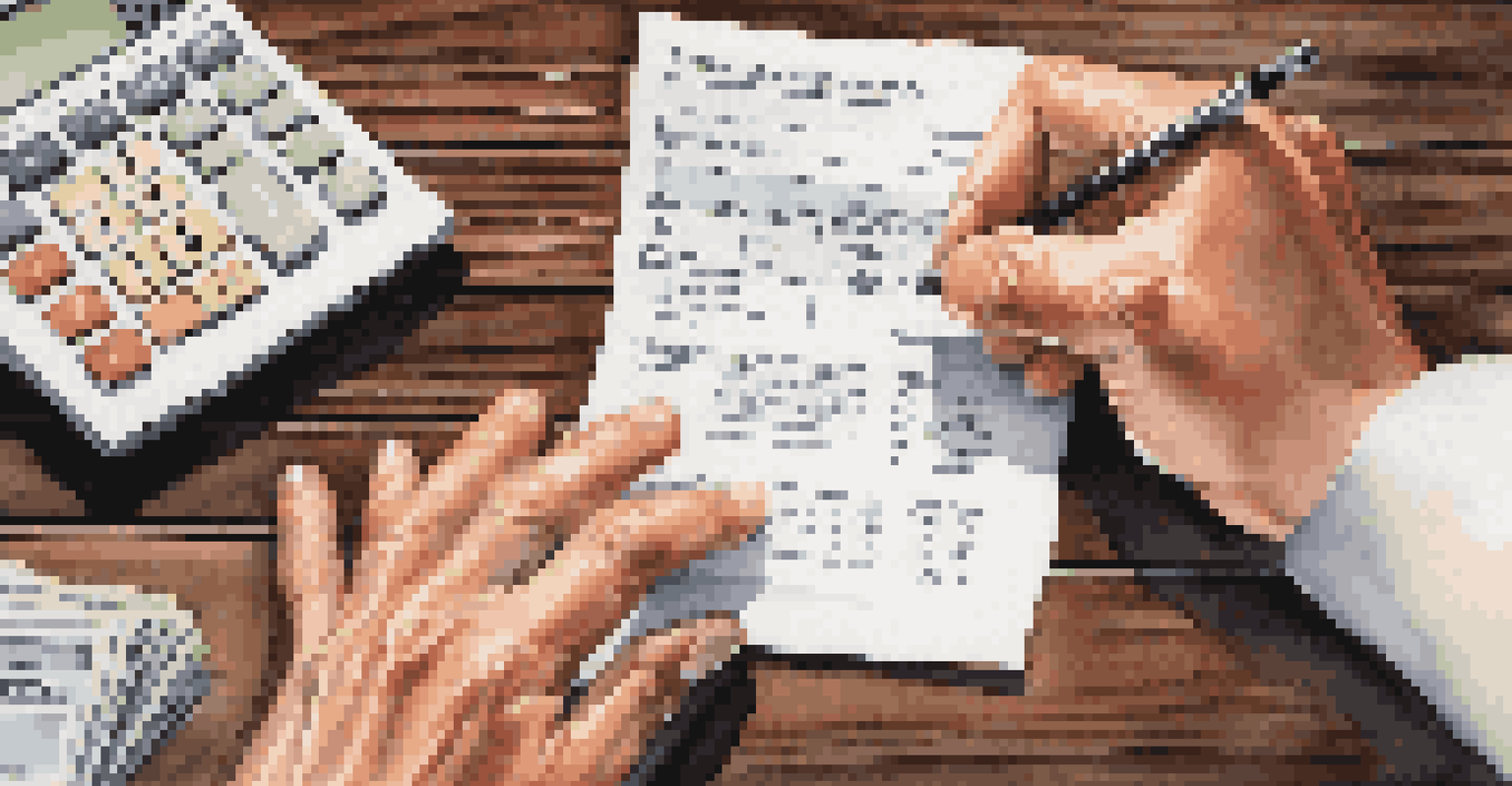 Close-up of hands using a calculator with financial documents on a wooden table.