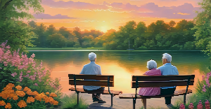 An elderly couple sitting on a park bench by a lake at sunset, surrounded by greenery and blooming flowers, representing retirement security.