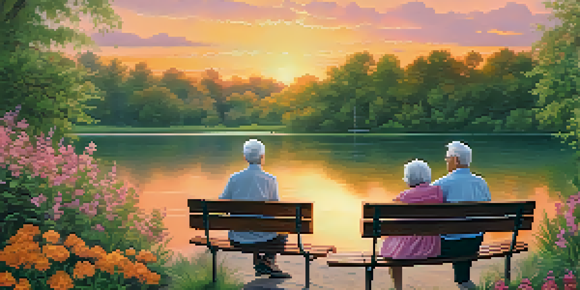 An elderly couple sitting on a park bench by a lake at sunset, surrounded by greenery and blooming flowers, representing retirement security.