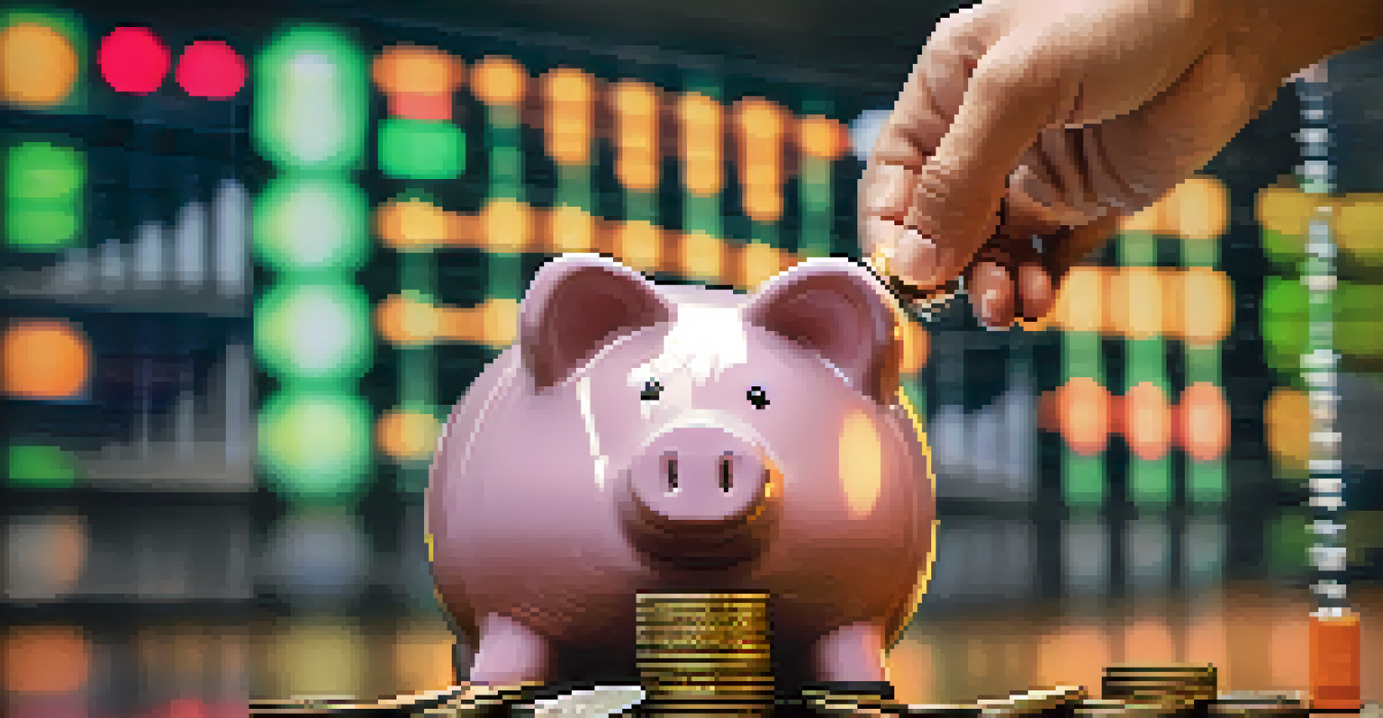 A hand dropping coins into a piggy bank with a blurred stock market screen in the background, representing dollar-cost averaging in investing.
