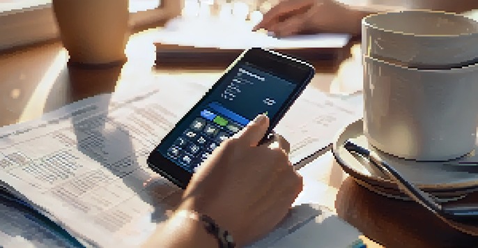 A person analyzing finances on a smartphone with documents and a calculator around them, illuminated by warm natural light.